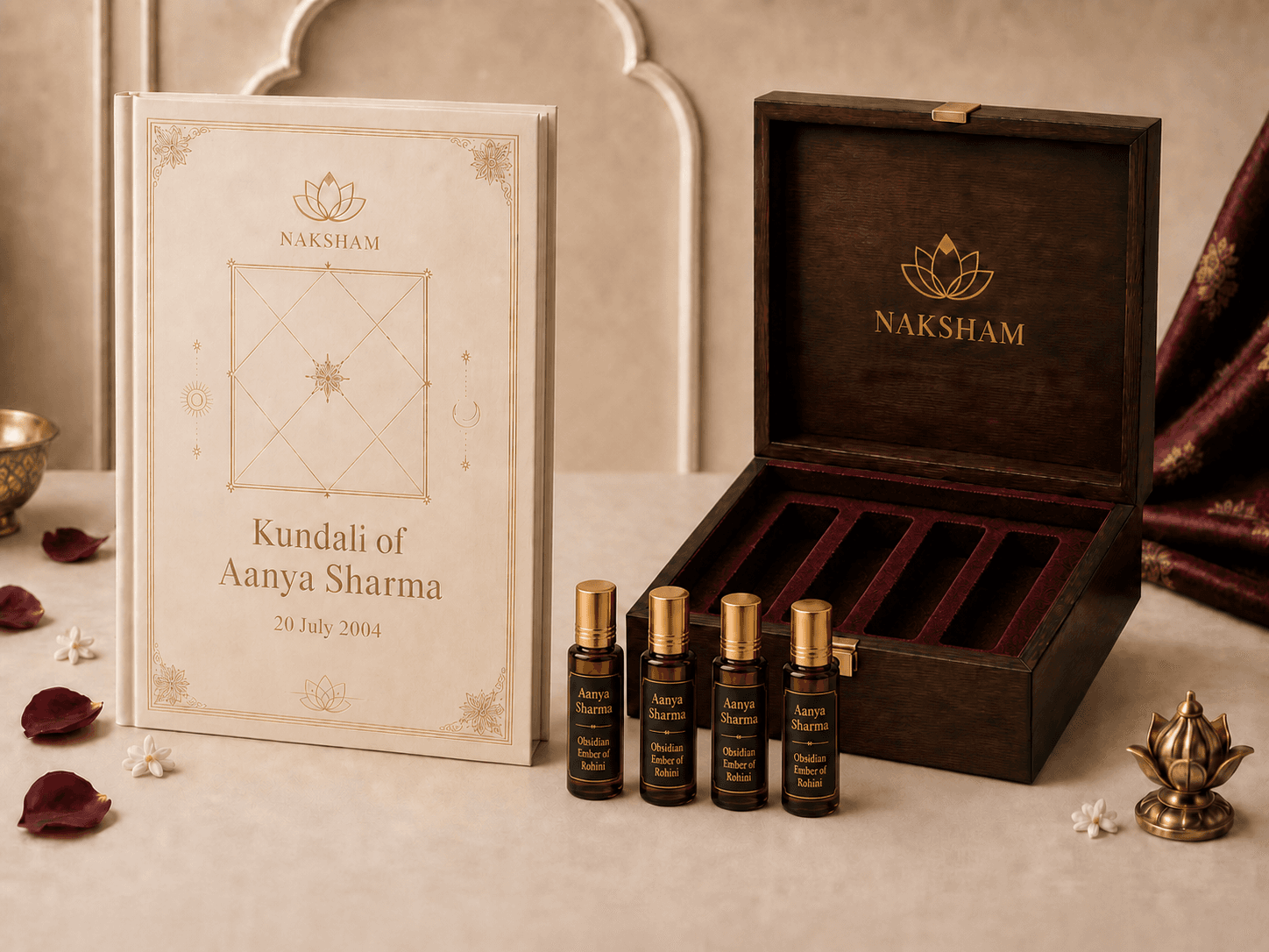 Naksham Bespoke Kundali Attar gift set: the cream hardcover kundali book named for Aanya Sharma, four Obsidian Ember of Rohini attar vials, and the open real-wood keepsake box on a red velvet bed