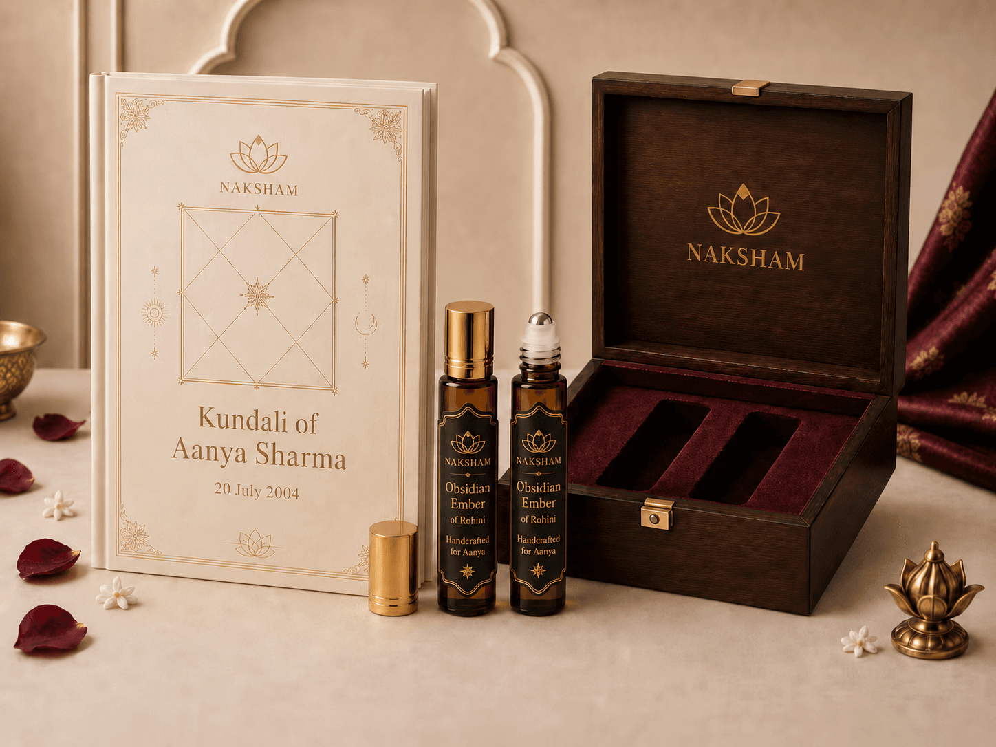 Naksham Bespoke Kundali Attar gift set: the cream hardcover kundali book named for Aanya Sharma, two Obsidian Ember of Rohini attar vials, and the open real-wood keepsake box on a red velvet bed