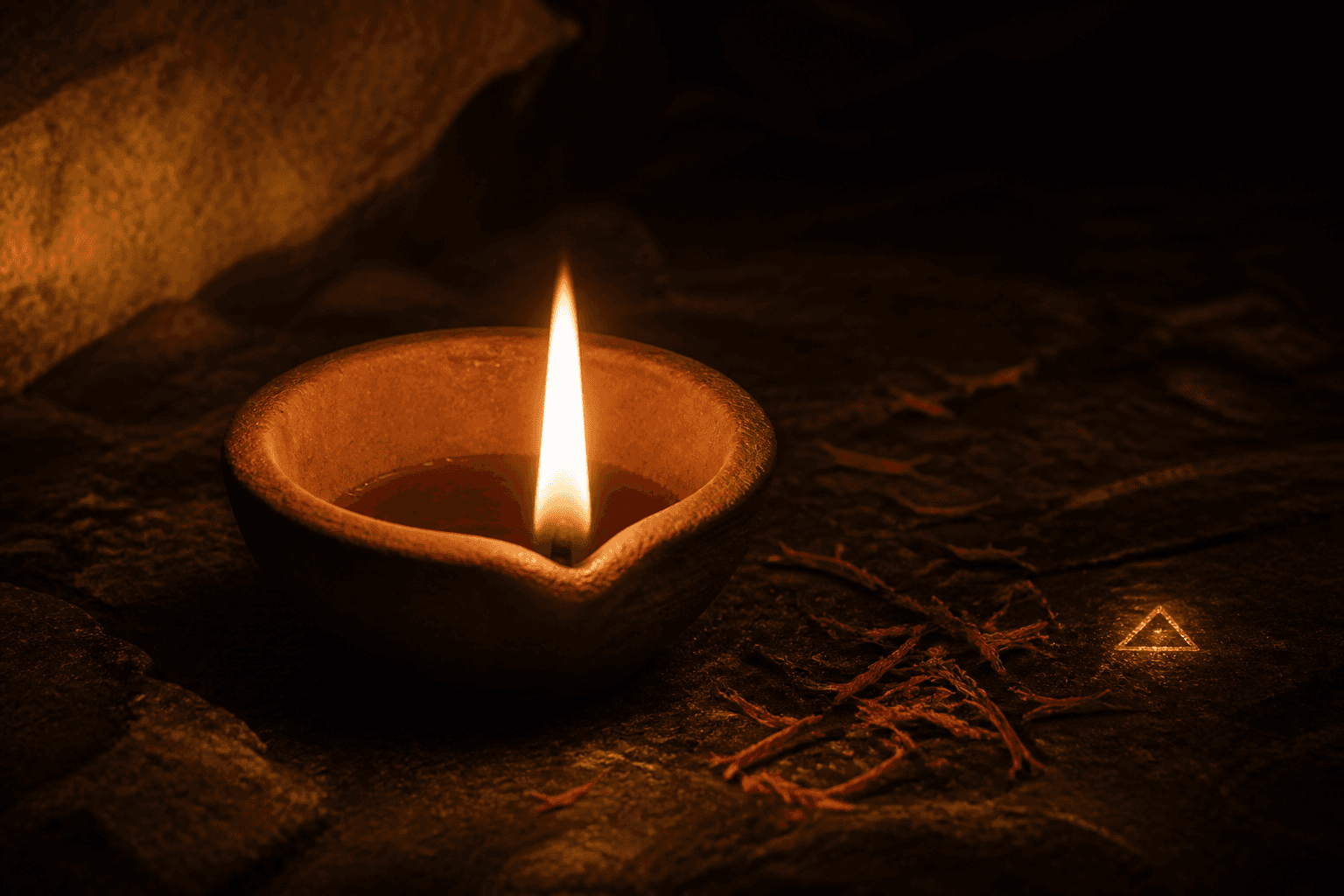 A clay diya burning with a sharp upright flame beside a scatter of dry saffron threads on dark stone, the fire element of the Golden Saffron attar