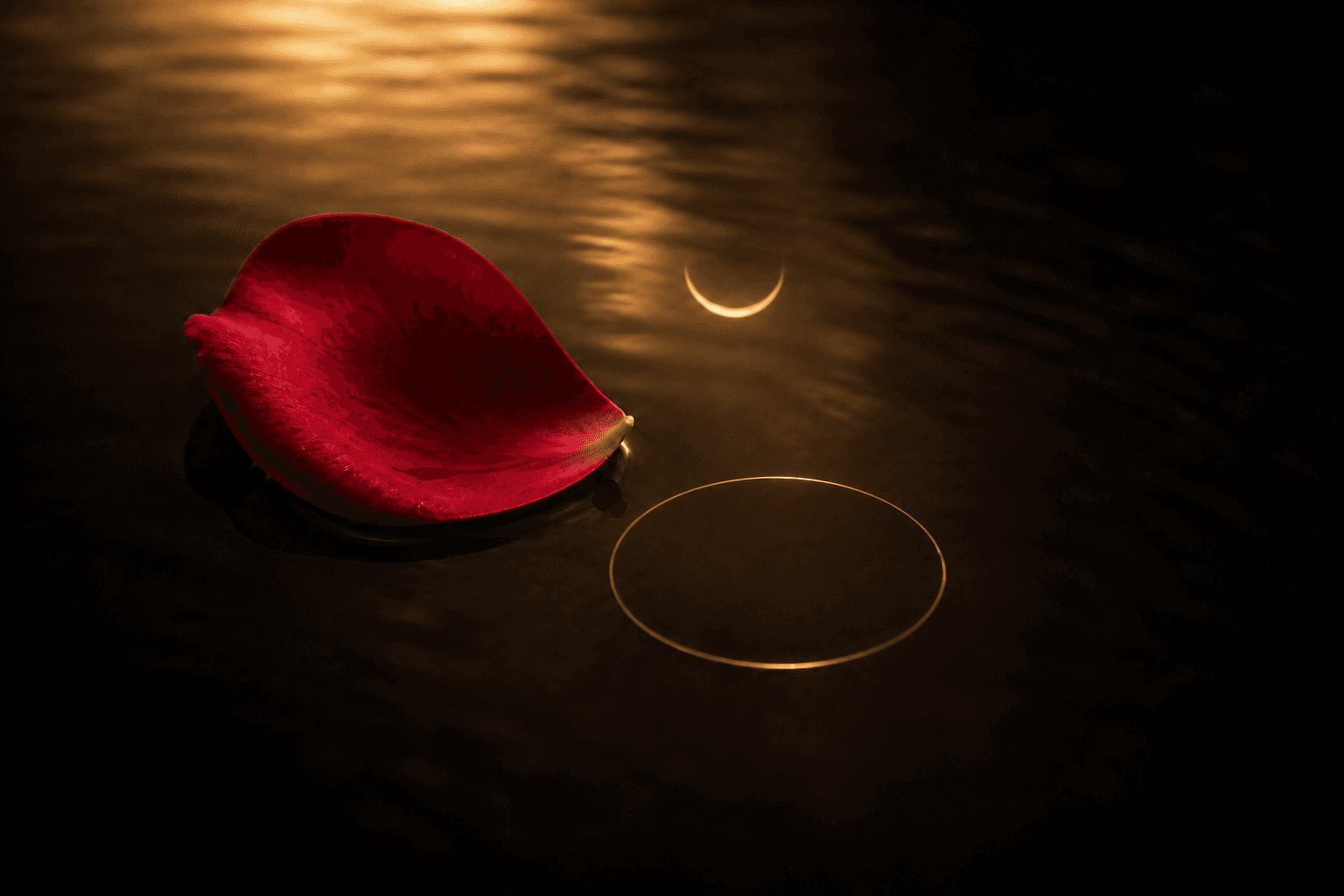 A deep red damask rose petal resting on still dark water with one ripple ring spreading out and soft gold reflected on the surface, the water element of the Temple Rose attar