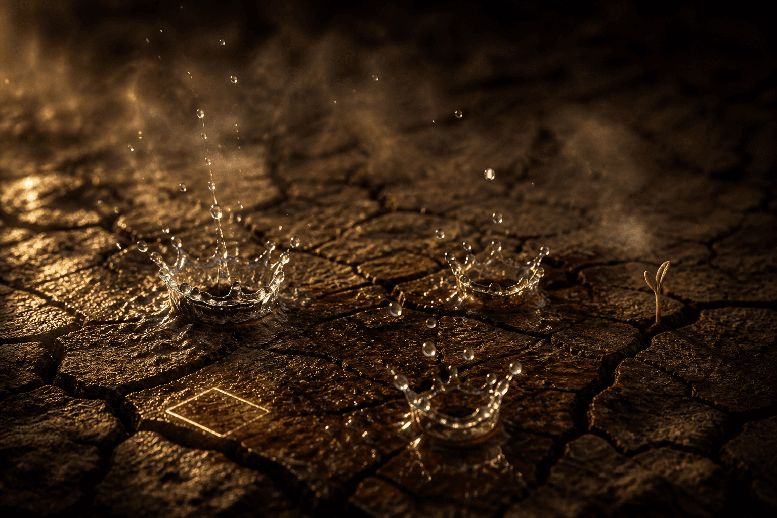 Dry cracked earth at the moment the first rain lands, droplets bursting on the clay with a faint mist lifting and one small green shoot, the earth element of the First Rain attar
