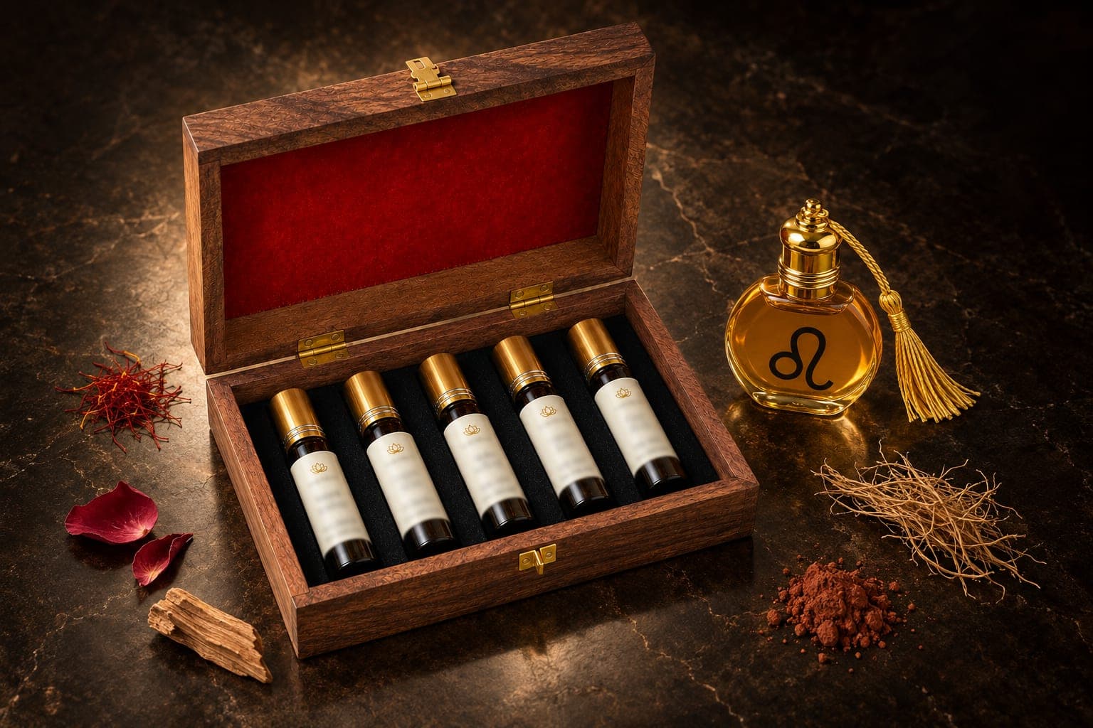The Naksham Panchatatva attar set open in its sheesham box beside a round zodiac attar bottle with a gold tassel, with saffron, rose petals, sandalwood, vetiver roots and red earth on dark stone