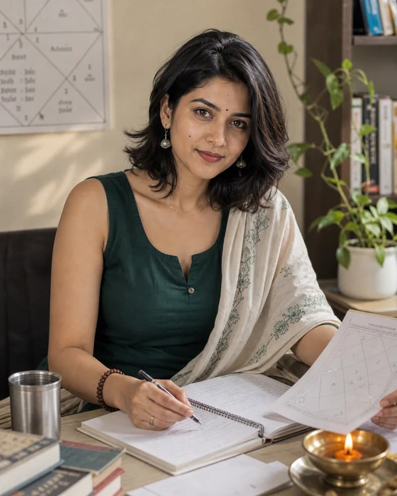 Representative portrait of a woman Naksham astrologer at a consultation desk