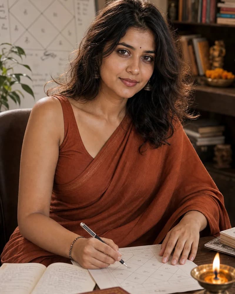 Representative portrait of a woman Naksham astrologer reviewing a birth chart