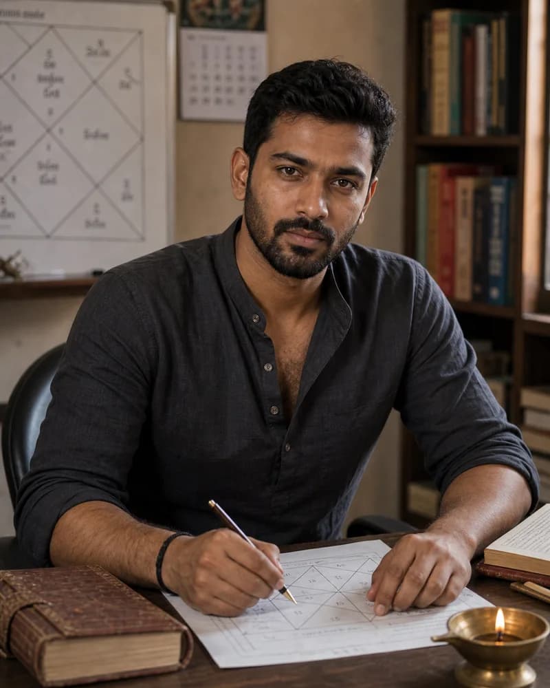 Representative portrait of a man Naksham astrologer reviewing chart papers