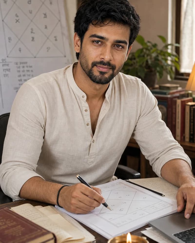 Representative portrait of a man Naksham astrologer in a consultation office