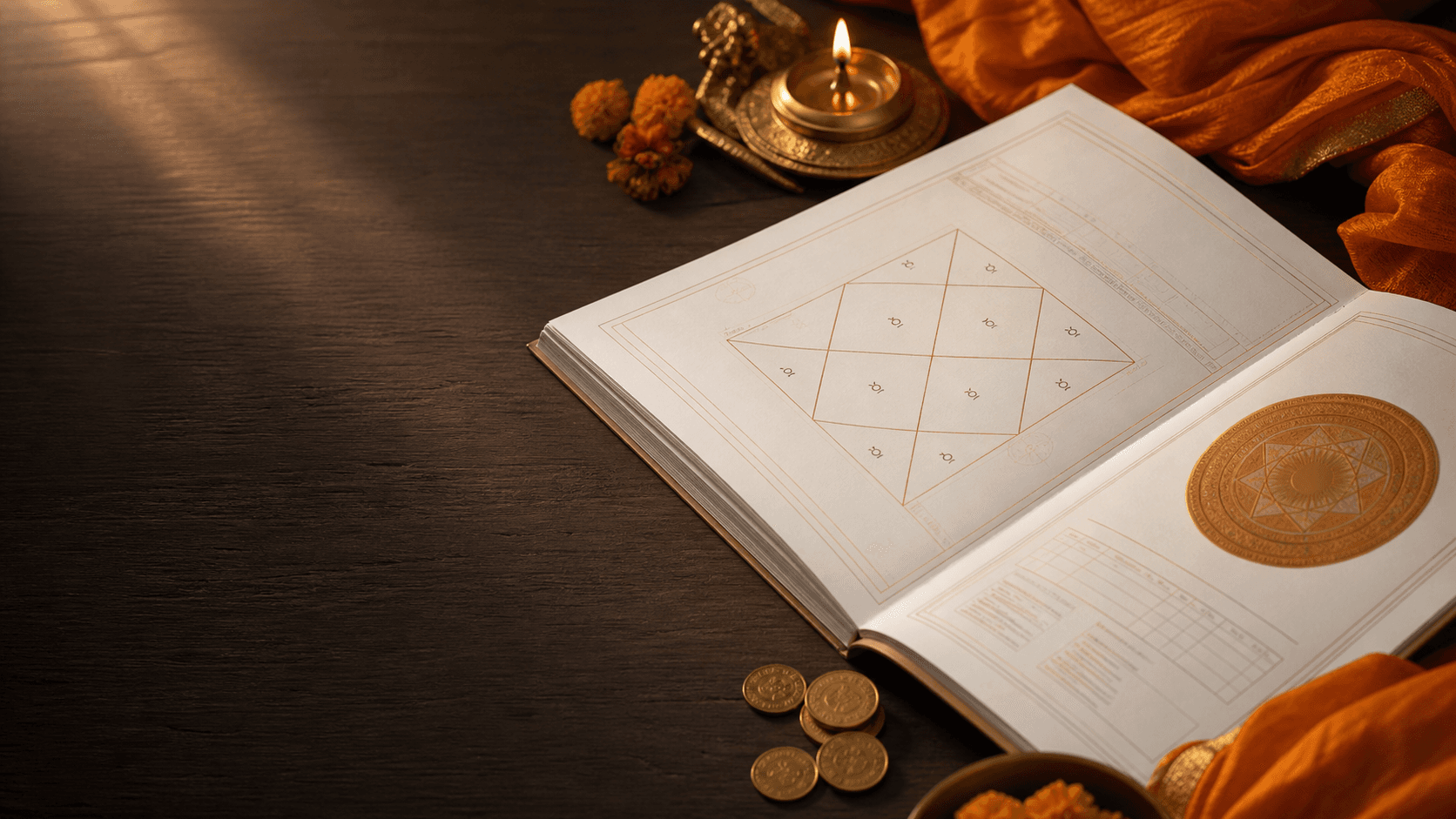 A calm desk with a Vedic wealth report open