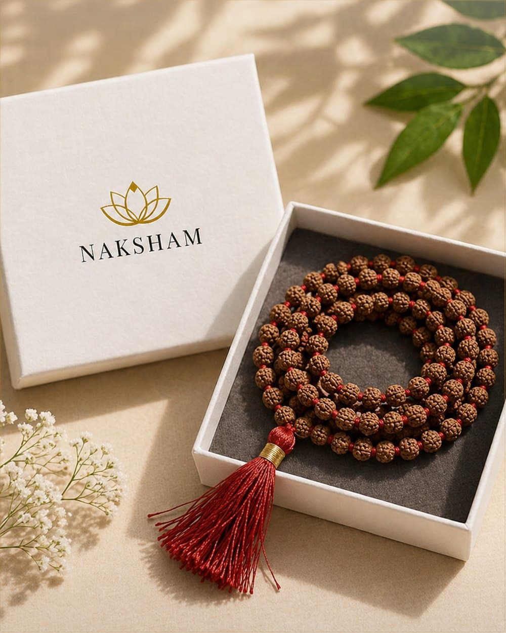Naksham hand-knotted 108-bead Rudraksha mala laid flat on cream paper, ready for japa.