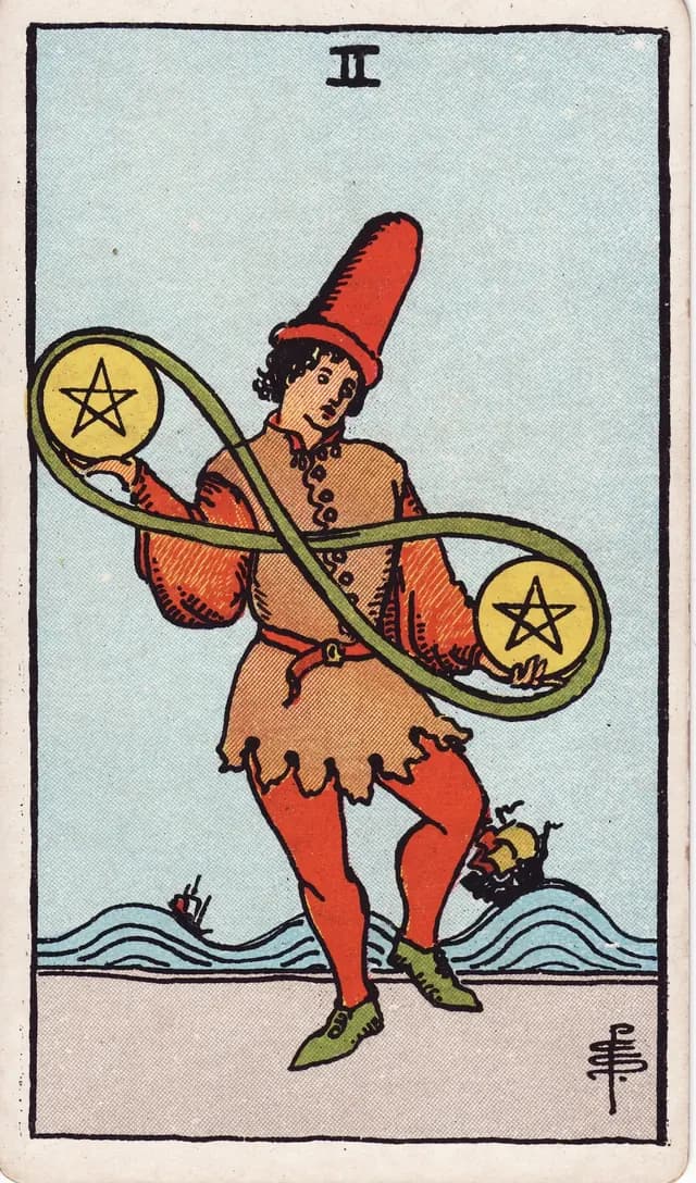 Two of Pentacles in the Rider-Waite-Smith deck, upright