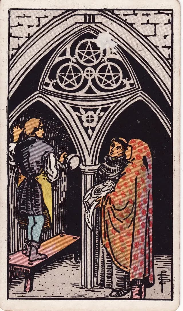 Three of Pentacles in the Rider-Waite-Smith deck, upright
