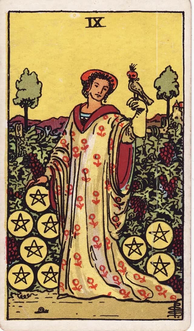 Nine of Pentacles in the Rider-Waite-Smith deck, upright