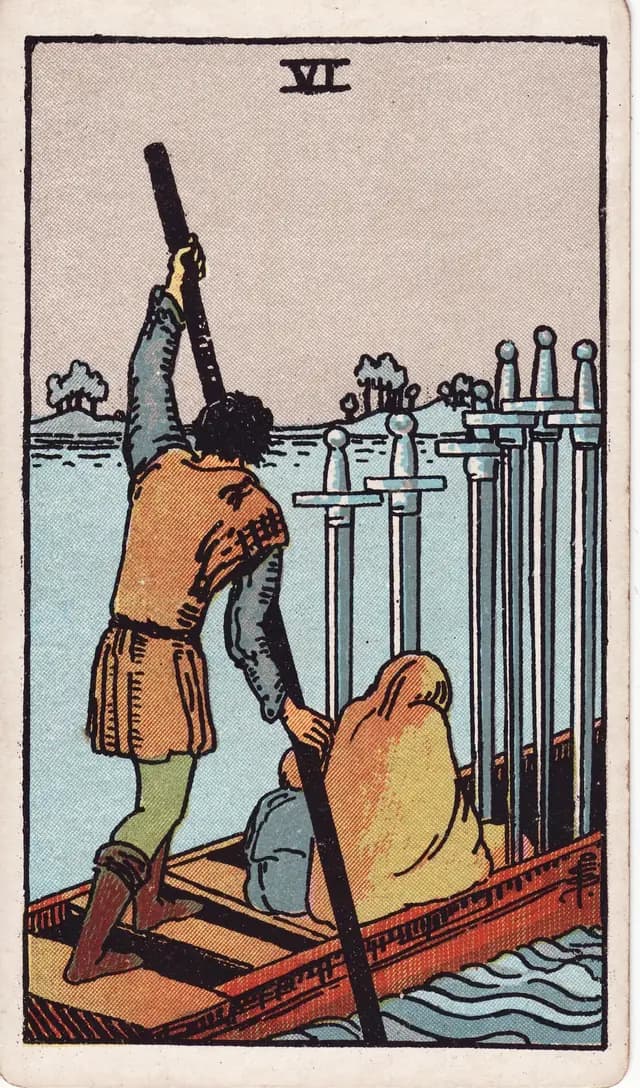 Six of Swords in the Rider-Waite-Smith deck, upright