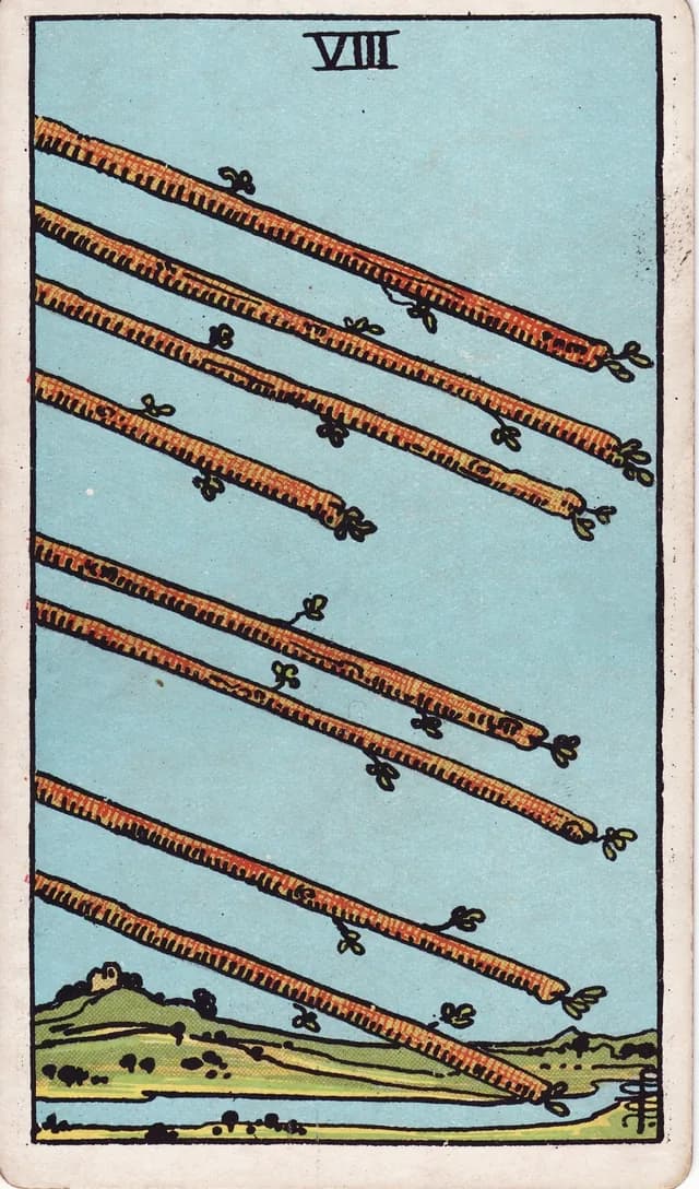 Eight of Wands in the Rider-Waite-Smith deck, reversed
