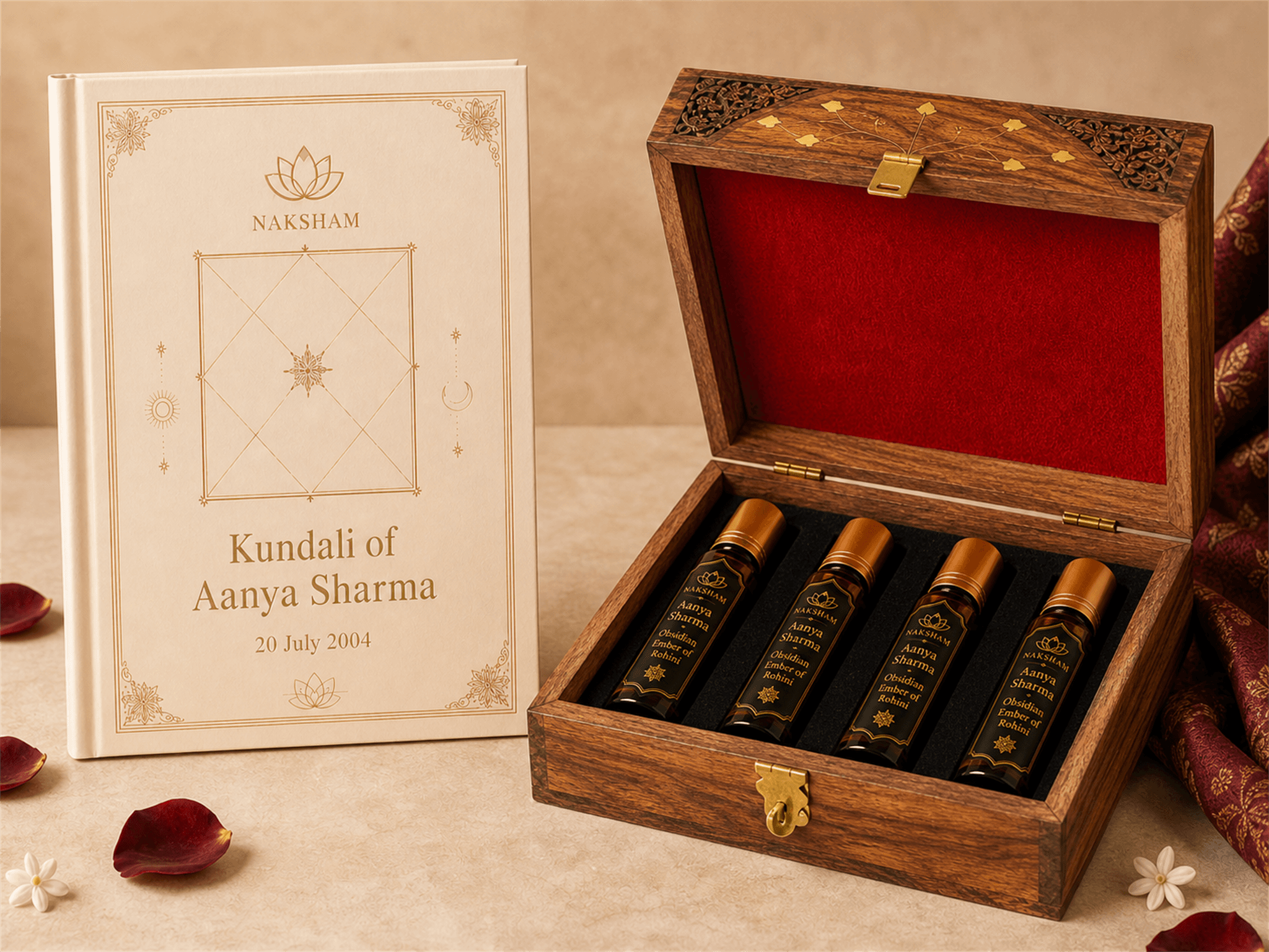 Naksham Bespoke Kundali Attar gift set: the cream hardcover kundali book named for Aanya Sharma, four Obsidian Ember of Rohini attar vials, and the open handmade sheesham keepsake box, its carved lid lined in red velvet and the vials lying on a black velvet tray