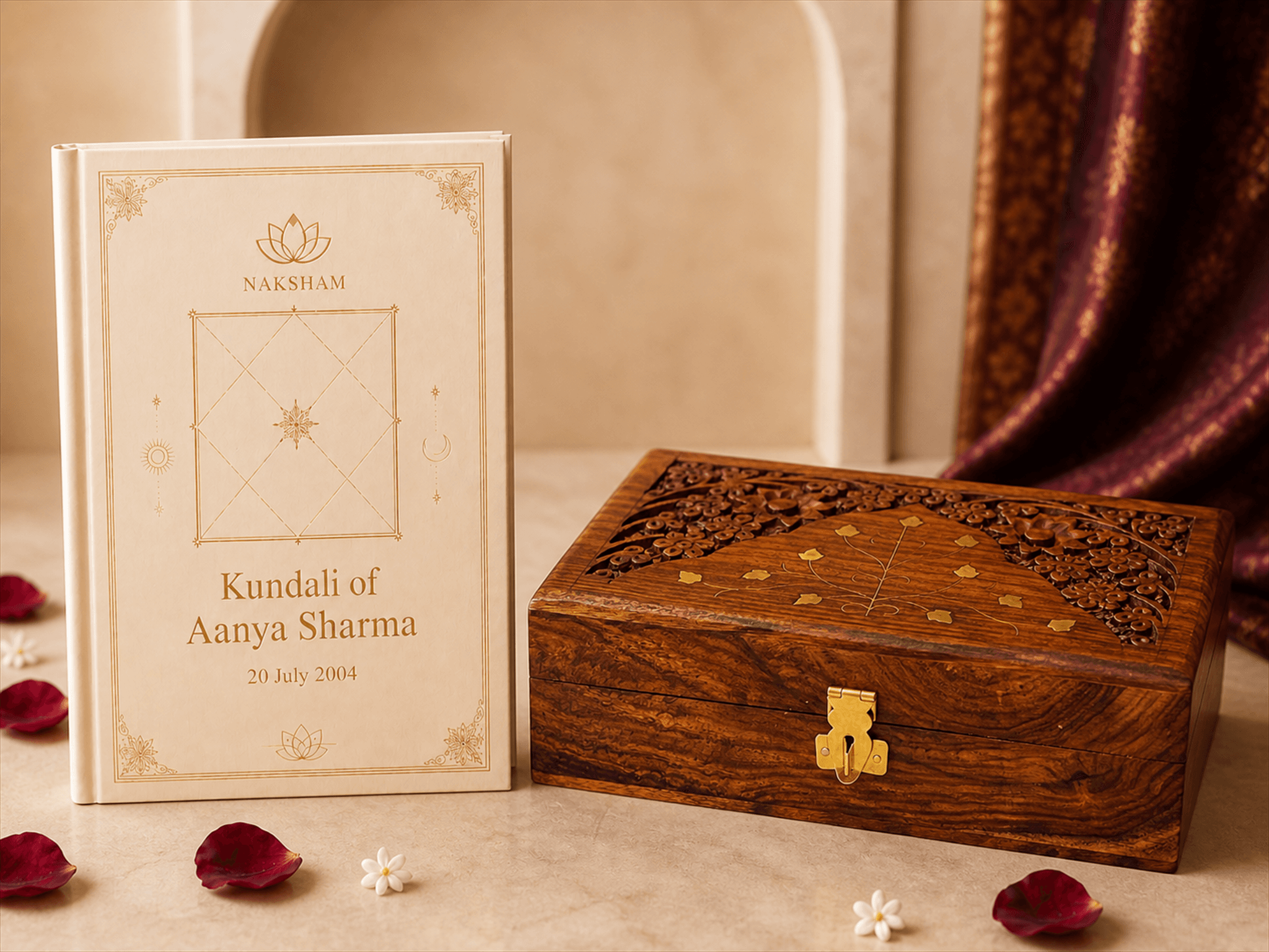 The cream hardcover kundali book beside the closed handmade sheesham Naksham keepsake box, its lid hand-carved and inlaid with brass