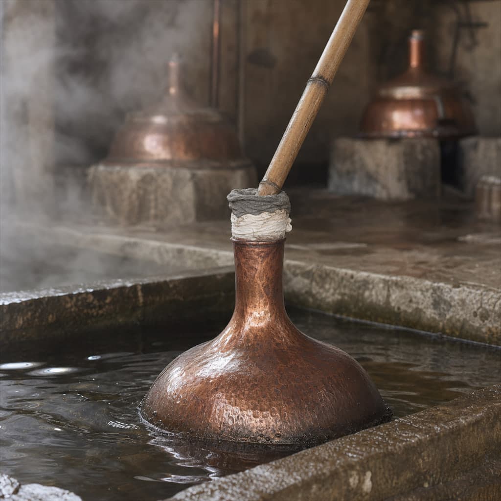 A copper bhapka receiver cooling in a water tank, fed by a bamboo pipe