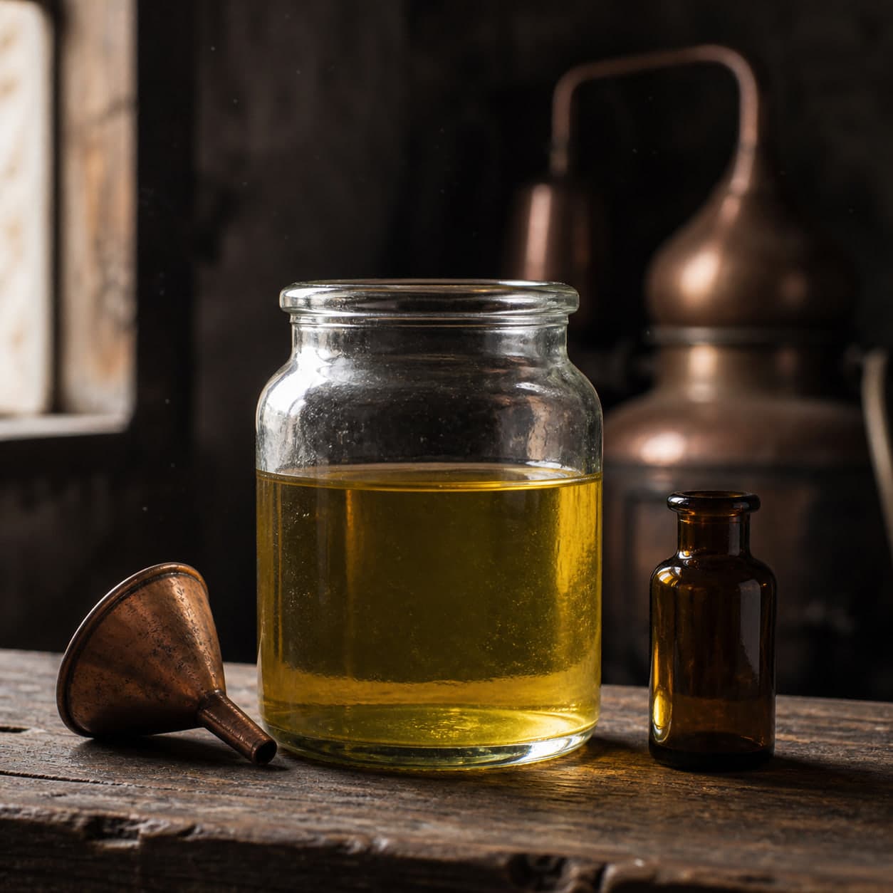 A jar of finished attar oil settling beside a copper funnel in a Kannauj distillery
