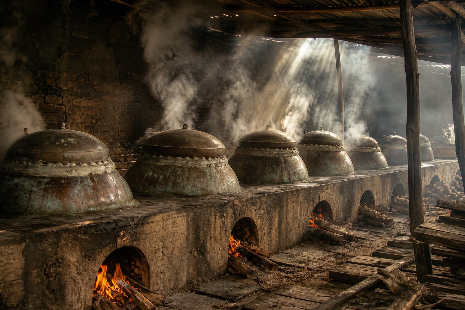 A row of copper deg stills sealed with clay over wood fires in a Kannauj attar distillery