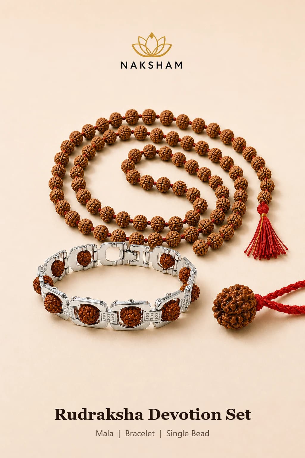 Naksham Rudraksha Devotion Set: the Panchmukhi mala, the silver-plated bracelet, and a single bead