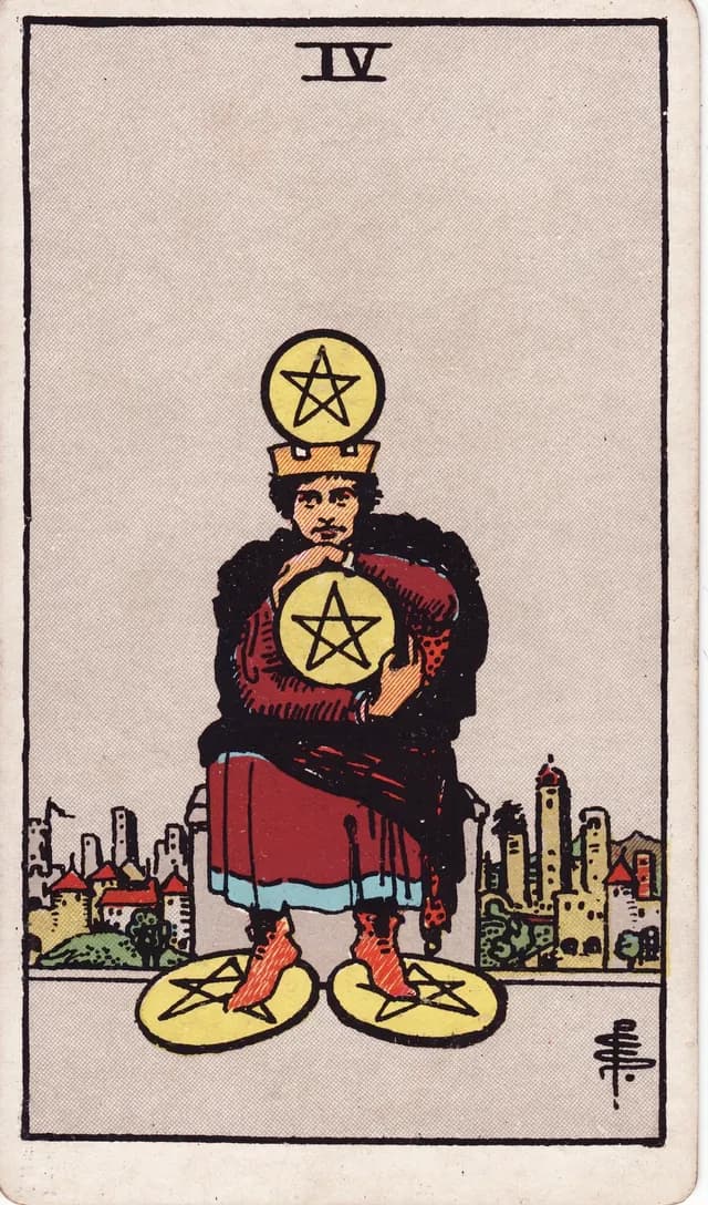 Four of Pentacles in the Rider-Waite-Smith deck, reversed