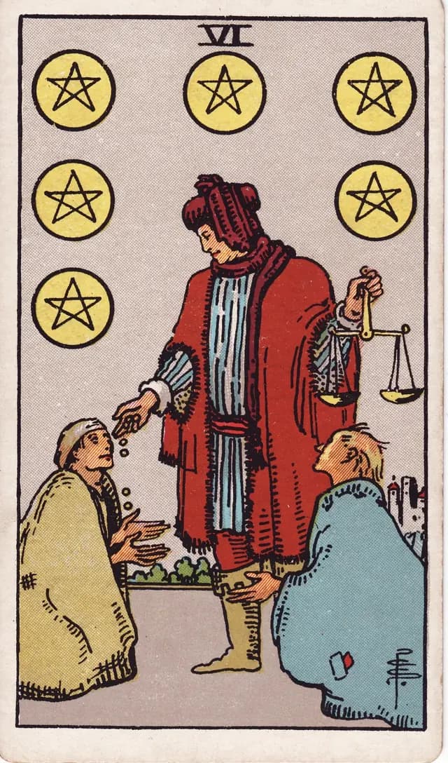 Six of Pentacles in the Rider-Waite-Smith deck, reversed