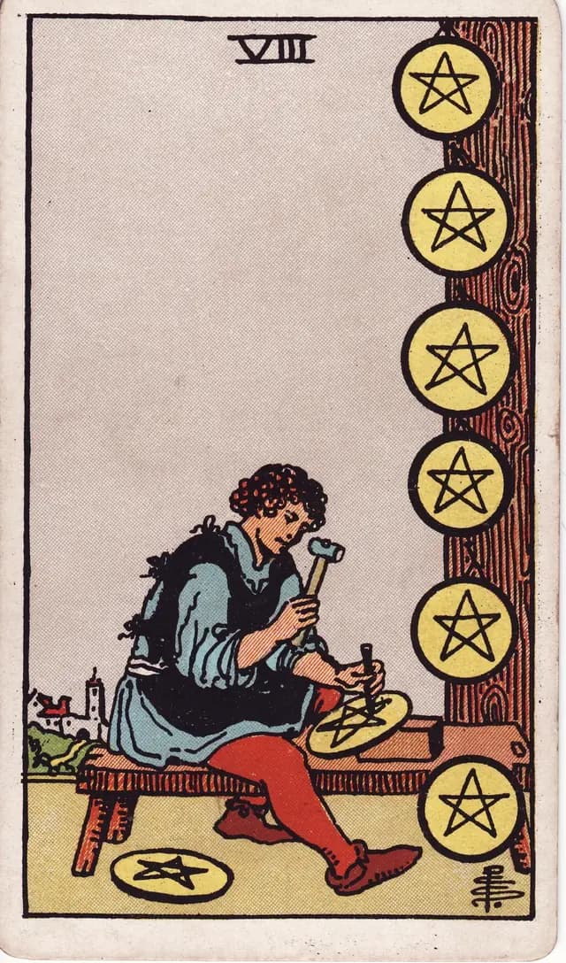 Eight of Pentacles in the Rider-Waite-Smith deck, reversed