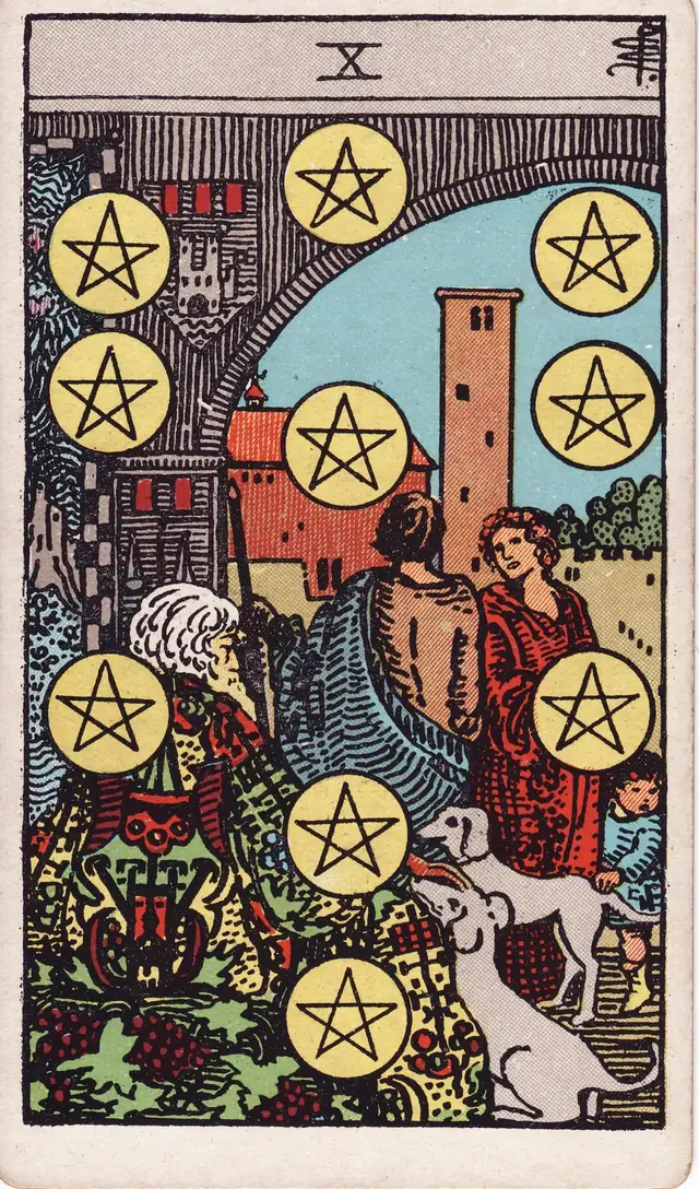 Ten of Pentacles in the Rider-Waite-Smith deck, upright