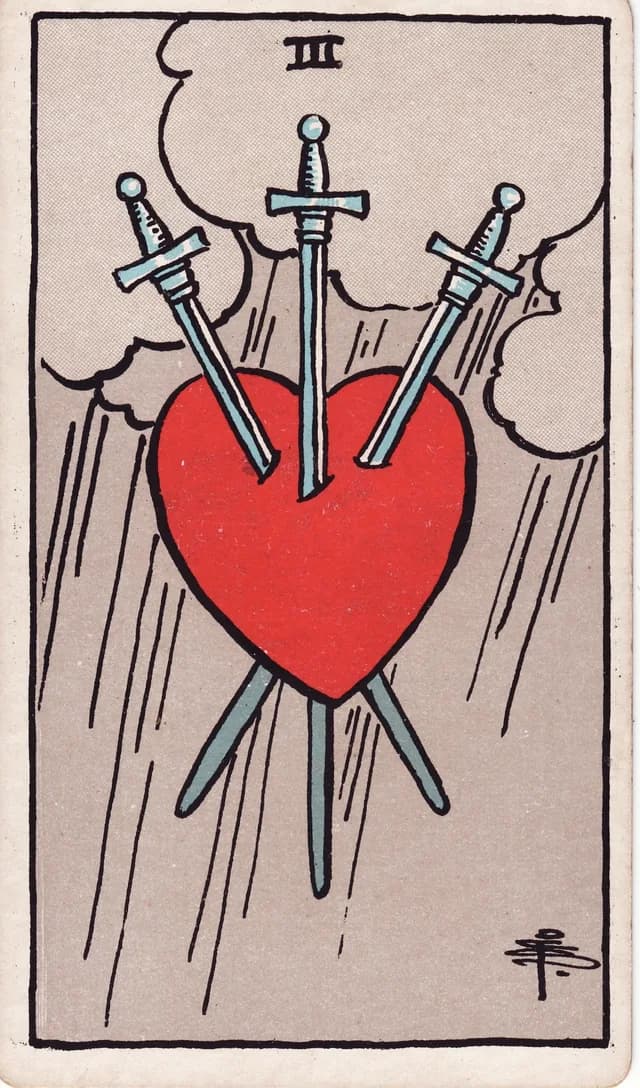 Three of Swords in the Rider-Waite-Smith deck, reversed