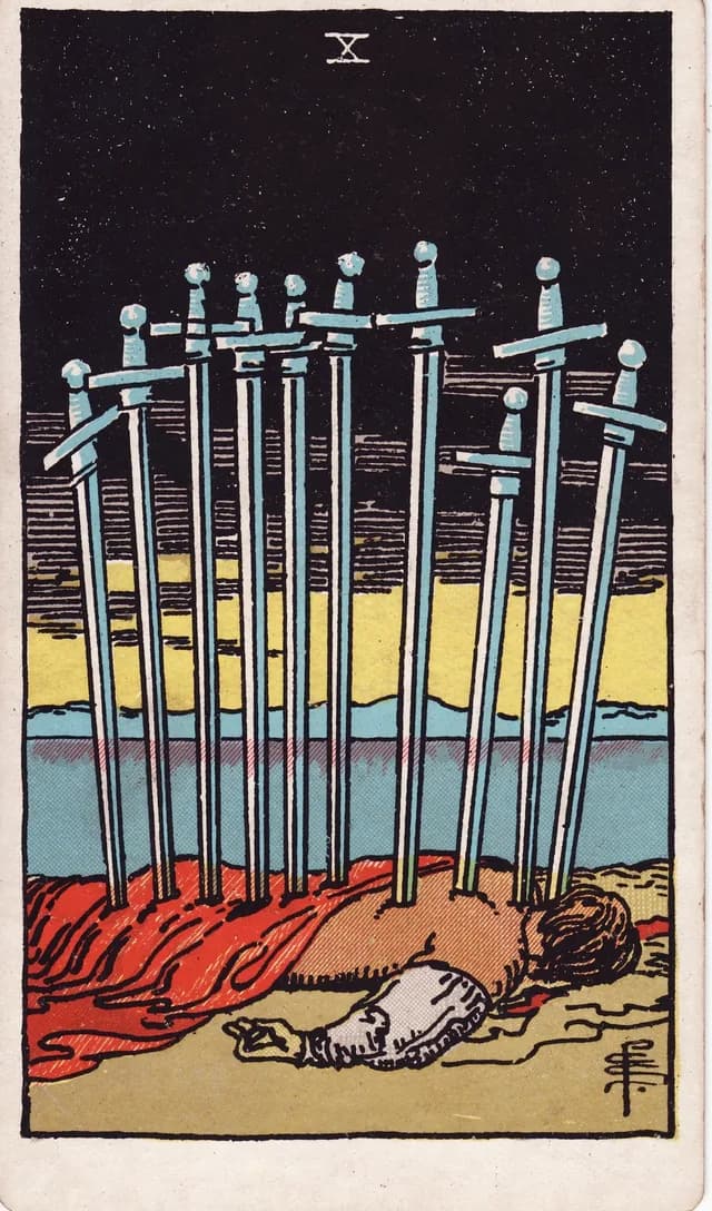 Ten of Swords in the Rider-Waite-Smith deck, reversed