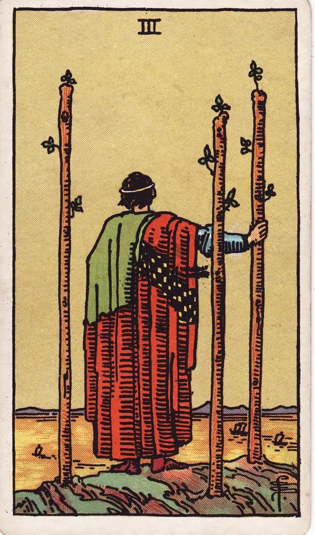 Three of Wands in the Rider-Waite-Smith deck, upright