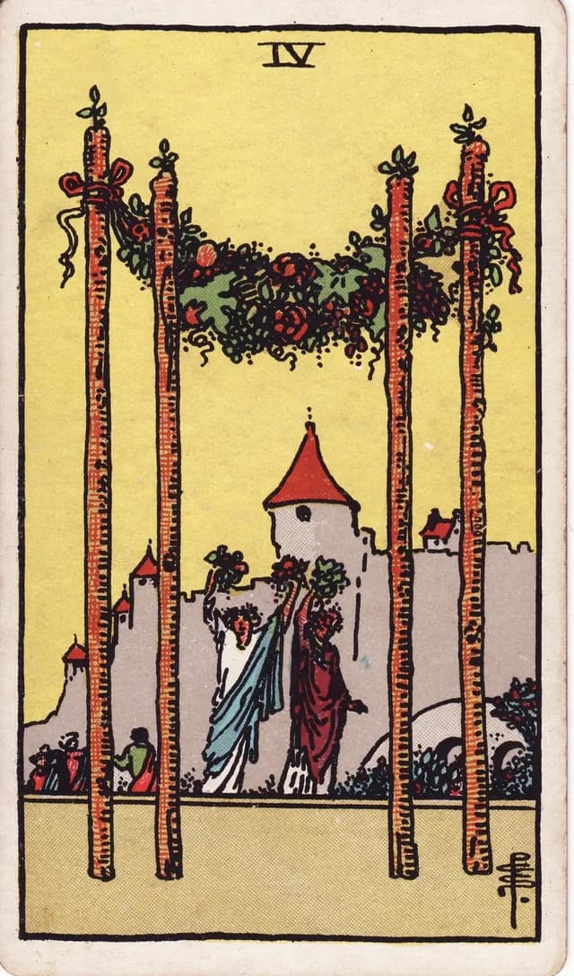 Four of Wands in the Rider-Waite-Smith deck, upright