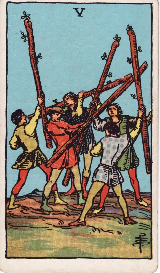 Five of Wands in the Rider-Waite-Smith deck, upright