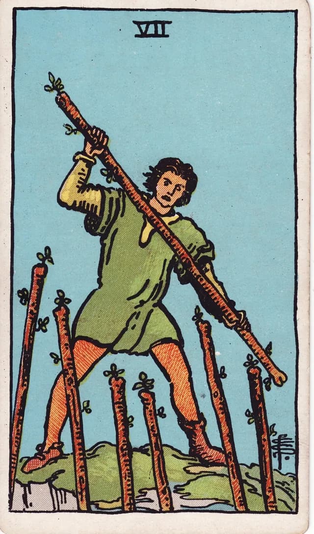 Seven of Wands in the Rider-Waite-Smith deck, reversed