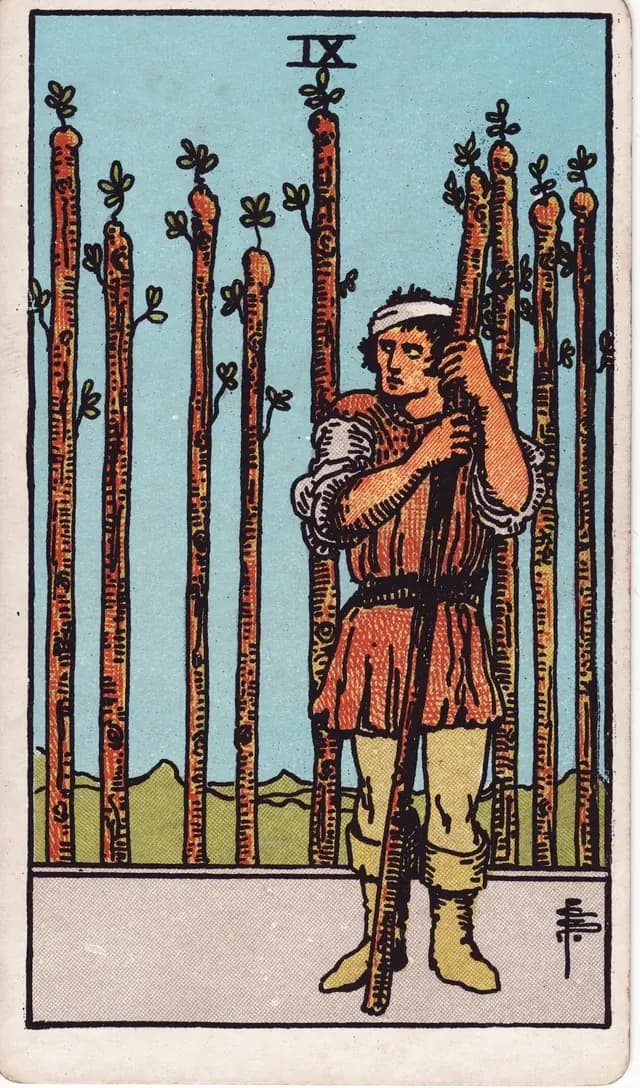 Nine of Wands in the Rider-Waite-Smith deck, reversed