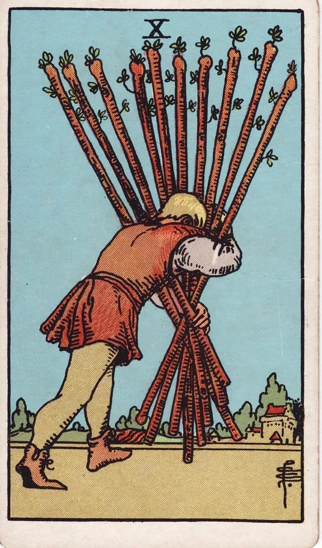 Ten of Wands in the Rider-Waite-Smith deck, reversed